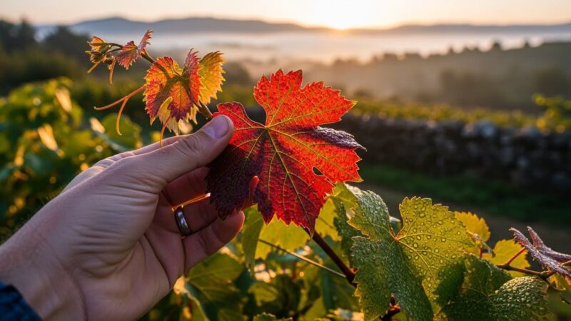 ワイン　ブドウの葉　摘み取り