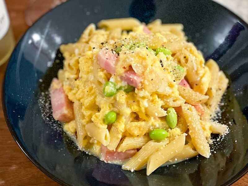 枝豆とベーコンのぺぺ玉ペンネ