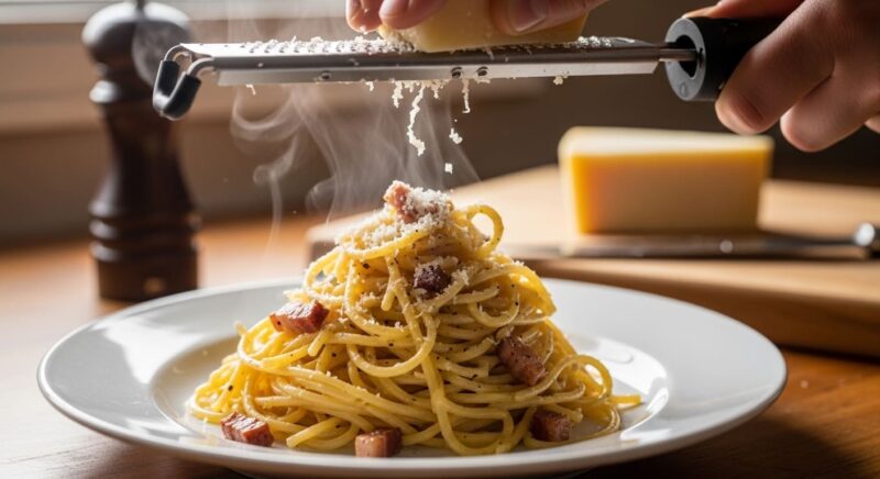 カルボナーラ　チーズをかけている